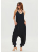 Black Bohemian Jumpsuit with Elasticated Legs and Tied Neck 4484